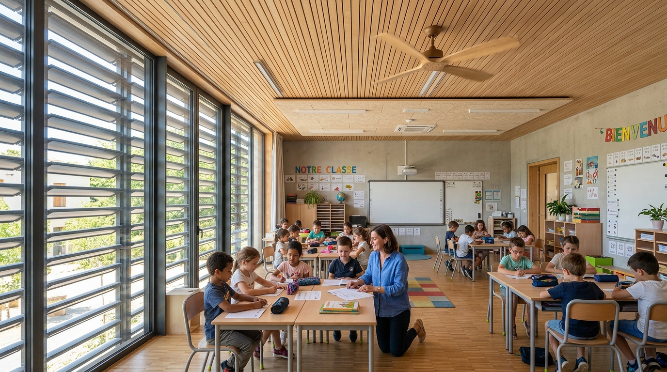 Salle de classe moderne équipée d'un ventilateur de plafond silencieux et de protections solaires extérieures